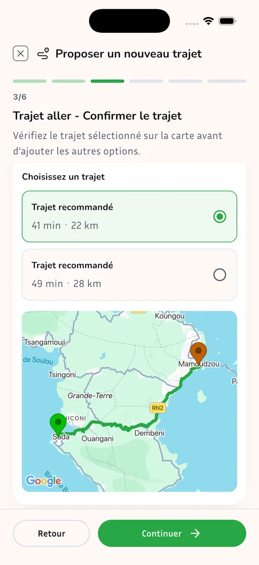 Écran de confirmation lors de l’ajout d’un trajet dans Usafiri