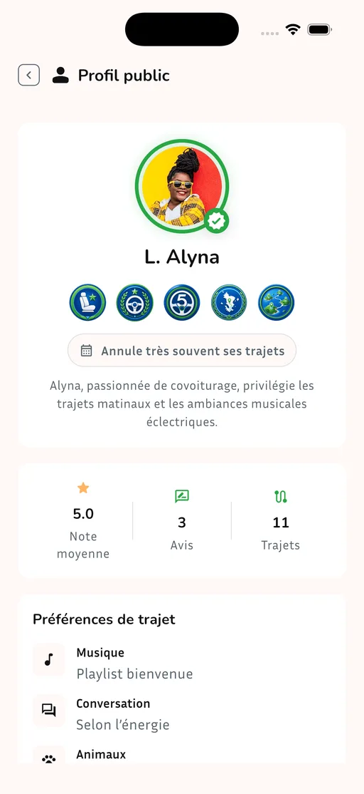 Écran de profil public dans l’application Usafiri