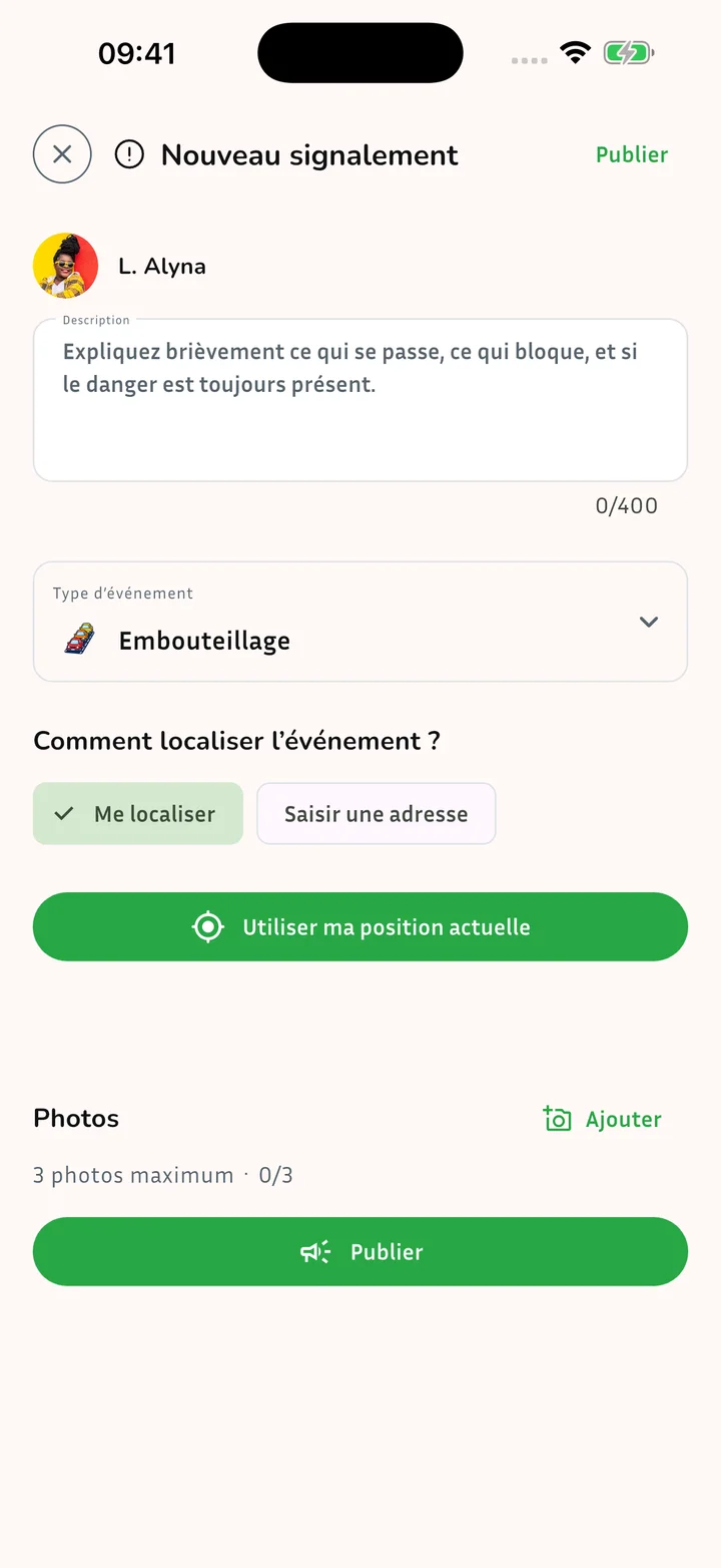 Création d’un signalement communautaire dans Usafiri avec localisation et photos