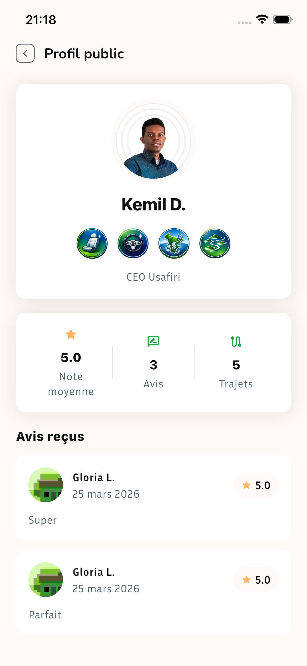 Écran de profil public dans l’application Usafiri